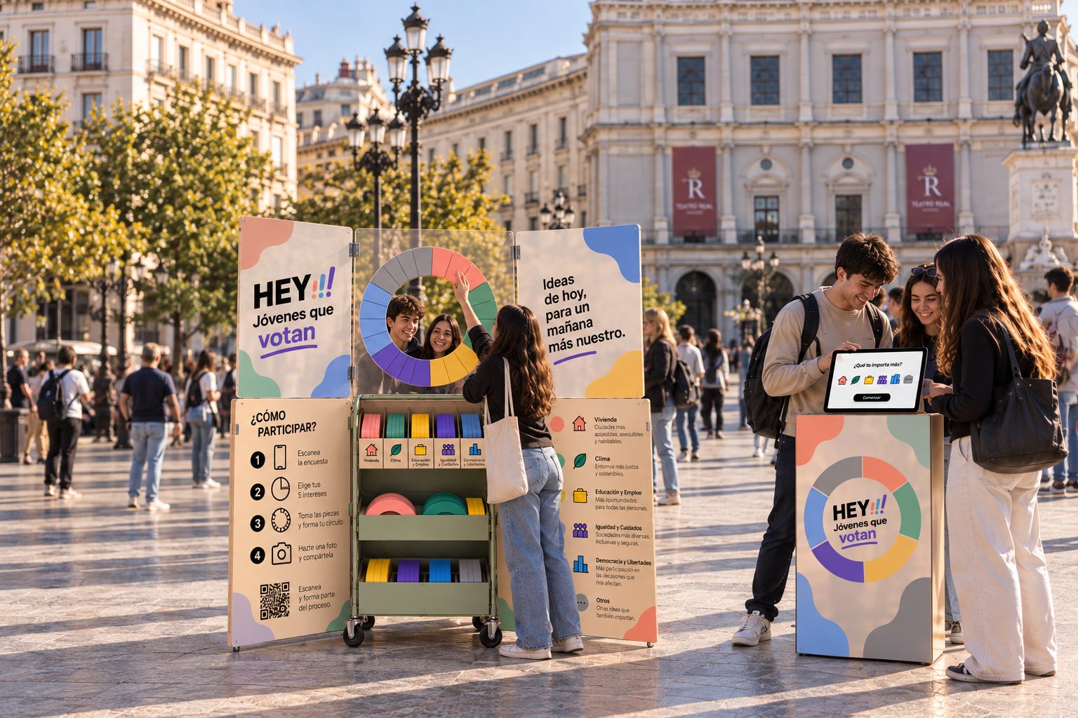 Jóvenes usando el Hey-móvil en una plaza: una chica coloca una pieza en el rosco del carro mientras un grupo consulta la tablet del atril.